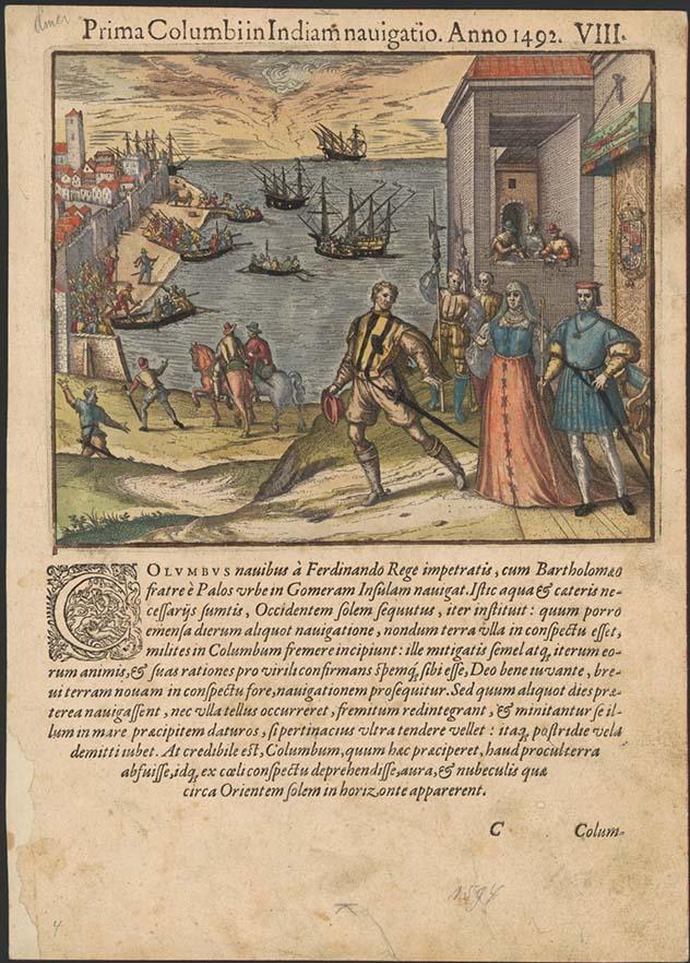 A handpainted print of a scene showing many people standing near a bay. On the bay are ships. Three figures are prominent. One man is turned to walk towards the ships, the two other figures stand near the entrance to a palace. Below the scene is text in Latin explaining the scene.