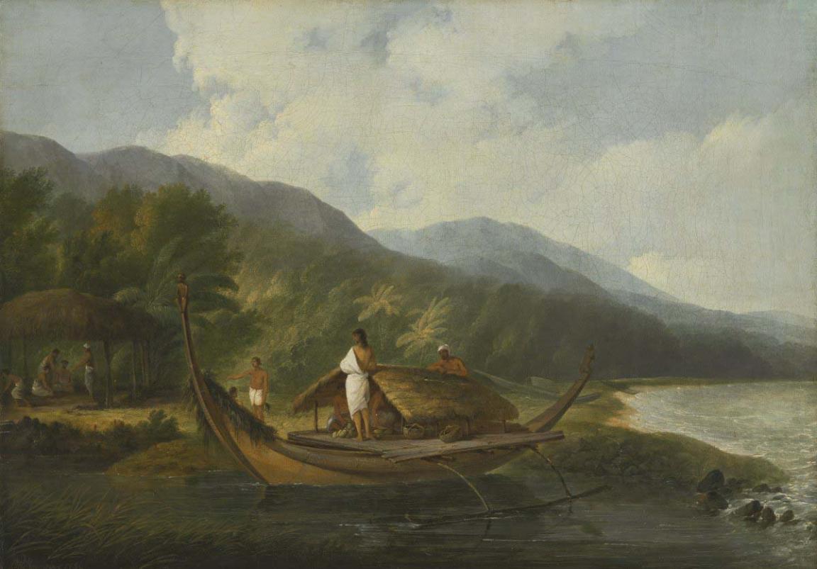 A man wearing a white robe stands on the deck of a deck of a small wooden canoe. The canoe has a small thatched roof shelter amidships.. The canoe is moored in shallow water on the shore of a lake or bay. Two other figures are on the shore. The shore is surrounded by tall palm forest. There is a large mountain range in the background and a blue sky with white billowing clouds.