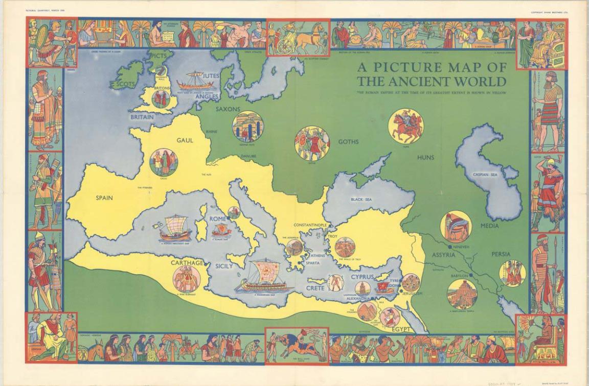 A colourful drawn map of the 'ancient world'. The territory of the Roman Empire is shaded in yellow. Inset around the map and border are depictions of people and cultures around the map.