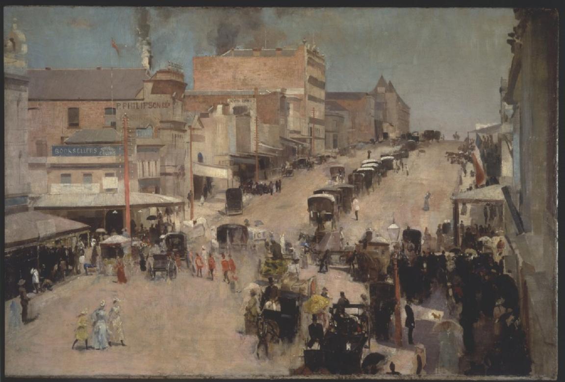 A painting of a busy 19th-century Bourke Street, Melbourne, with horse-drawn carriages, pedestrians, and shops lining the street. Crowds gather on both sides, and a variety of people are depicted walking or riding.