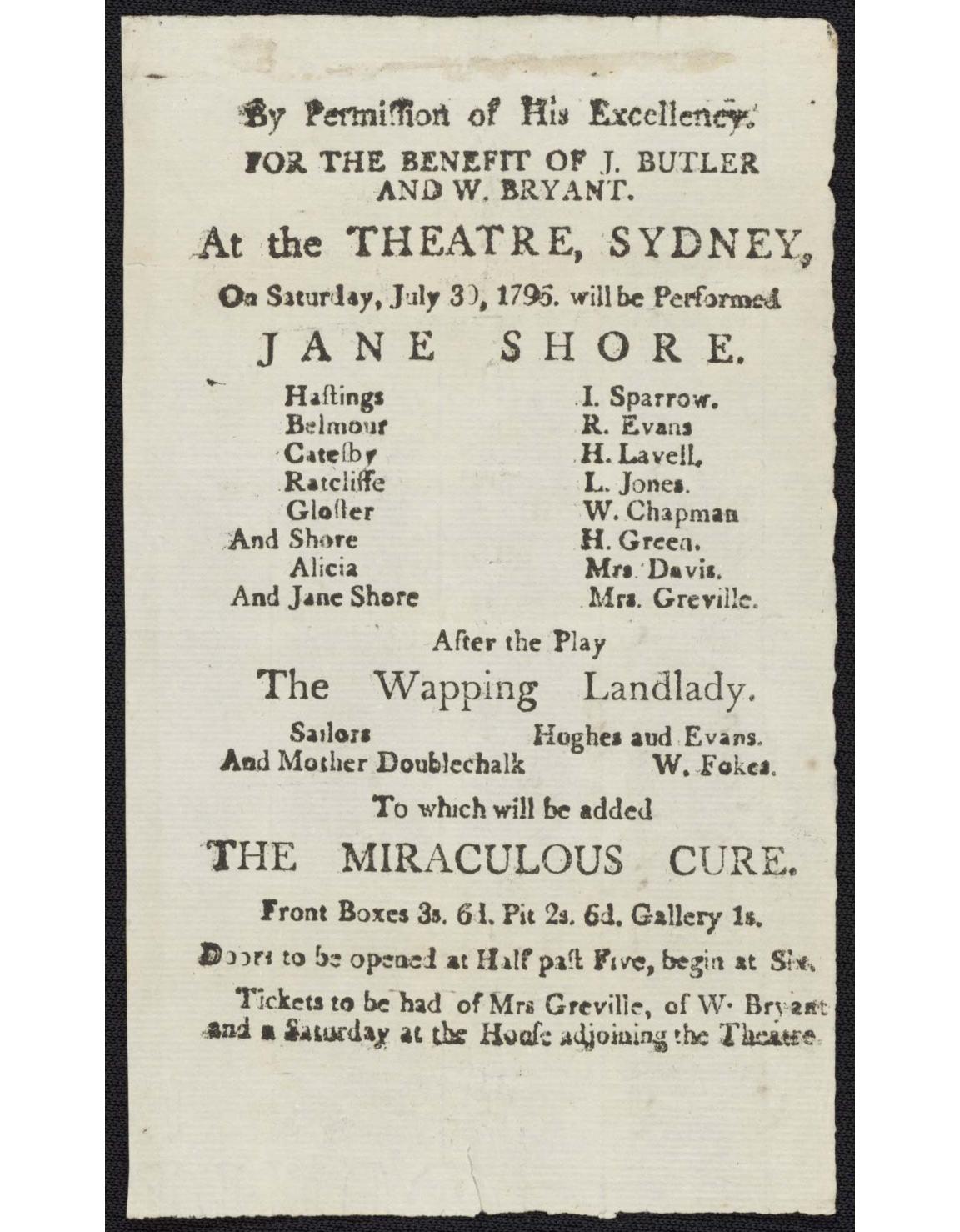Copy of a printed playbill containing details for a performance of Jane Shore at the Sydney Theatre in 1796.