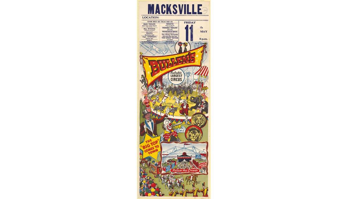 Large poster depicting a circus scene; advertising Bullens Circus tour