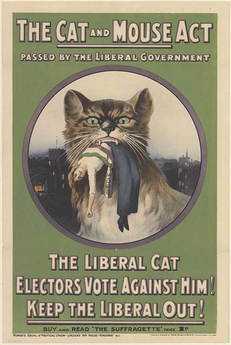 A large cat holds a limp woman in its mouth. Text reads: "The Cat and Mouse Act. Passed by the Liberal Government."
