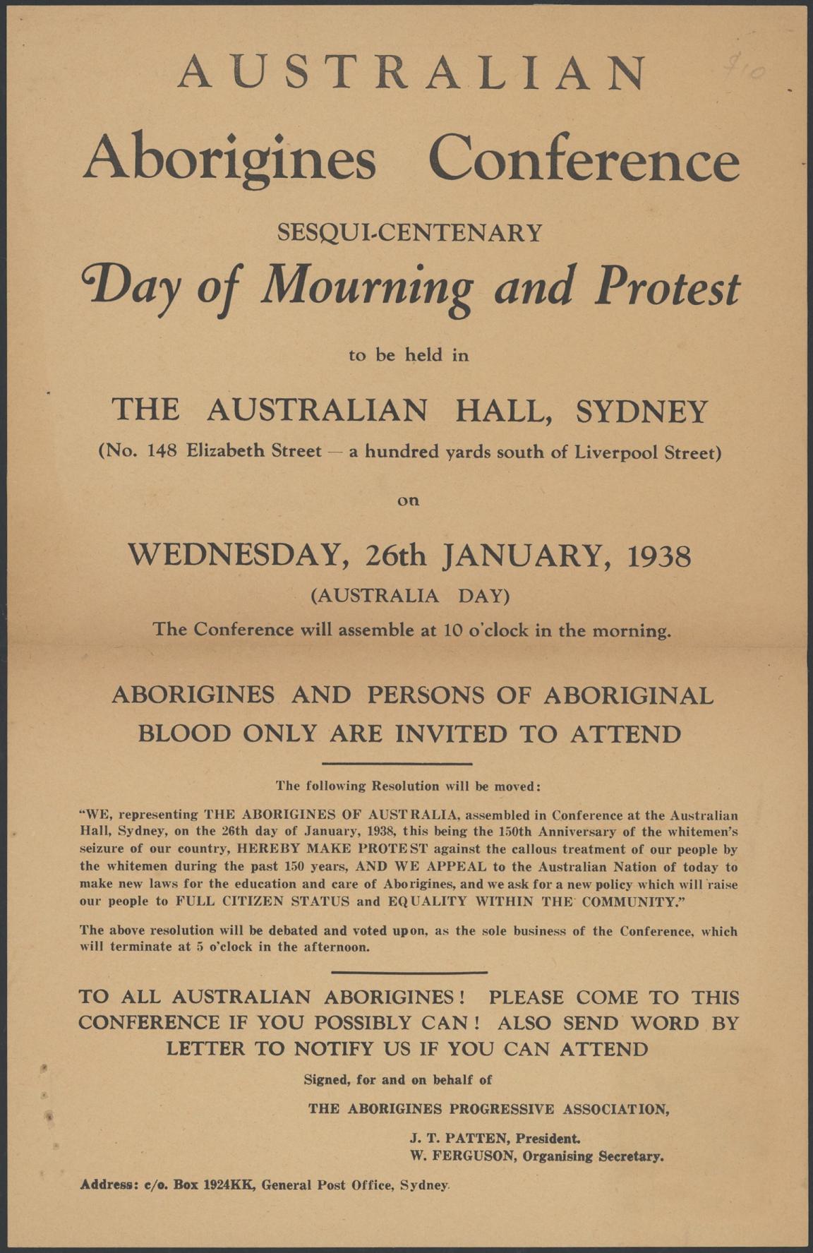 A poster for the "Australian Aborigines Conference: Sesqui-Centenary Day of Mourning and Protest" held at the Australian Hall, Sydney, on Wednesday, 26th January 1938.