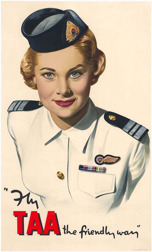 Poster with an airline stewardess and the words 'Fly TAA the friendly way'