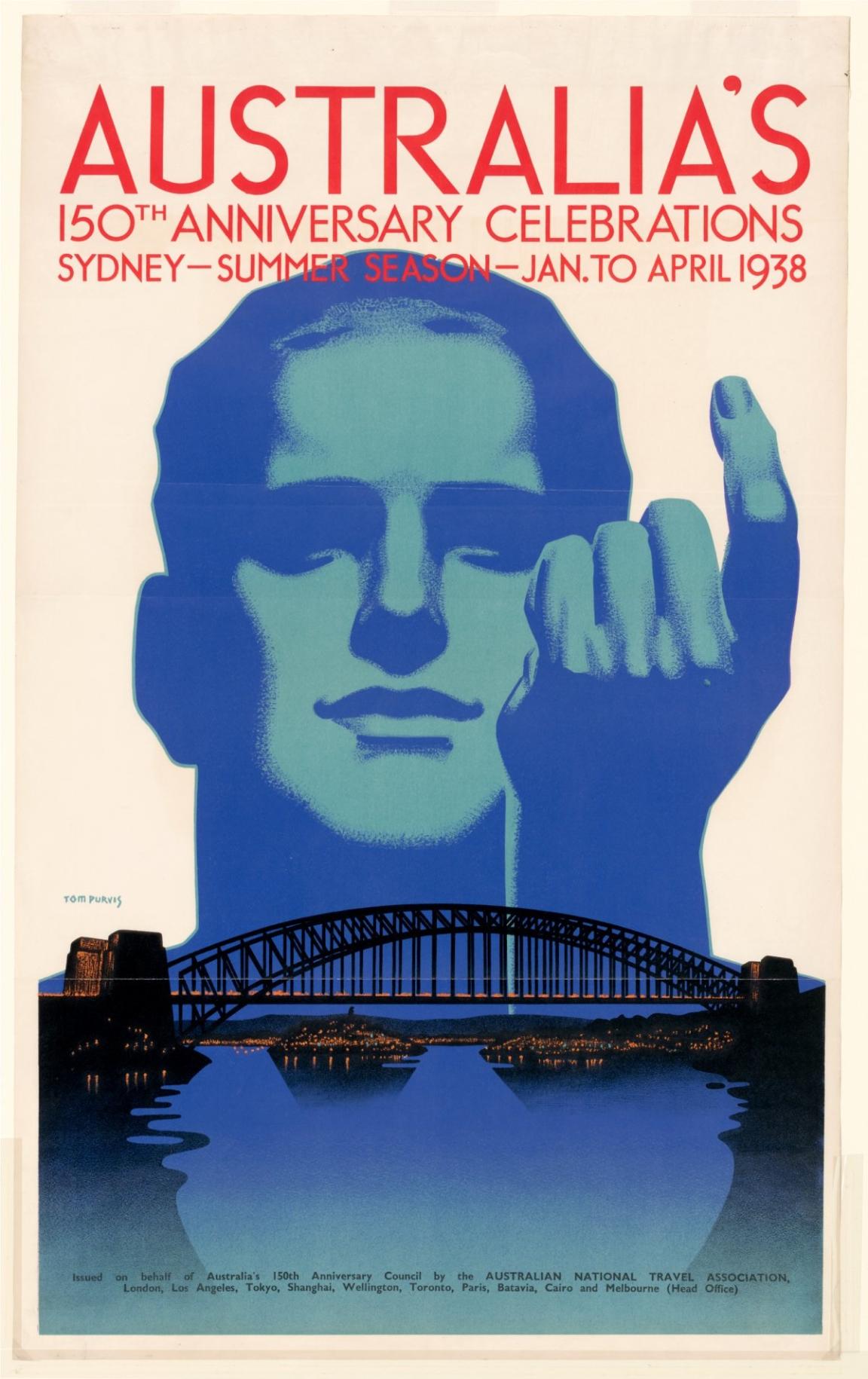 A vintage poster featuring a large blue-toned illustration of a man's face and hand, positioned above the Sydney Harbour Bridge. The man’s hand is raised with fingers partially curled. Below, the Harbour Bridge is shown at night with city lights reflecting on the water.