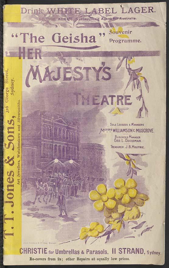 Program advertising a play called The Geisha at Sydney's Her Majesty's Theatre