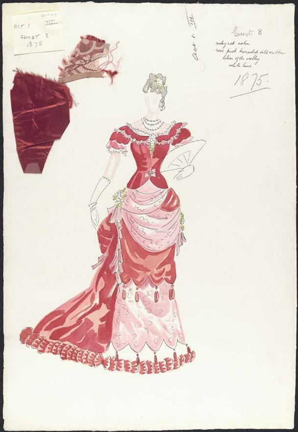 Hand drawing of a women's dress design, in reds and pinks with fabric swatches and notes. 