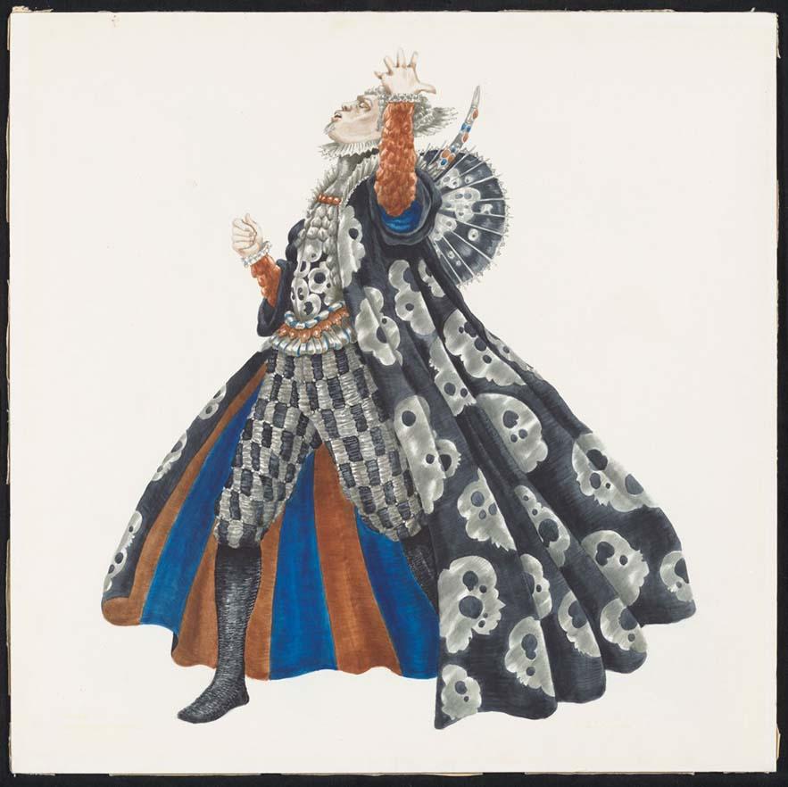 Sketch showing costume design featuring a long cape, blue and brown patterns and regal detailing.