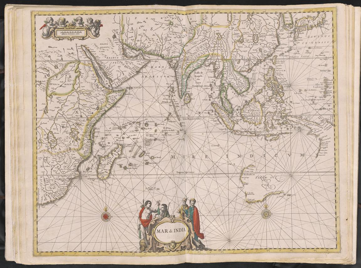 Hand drawn map with latin title Mar di India, there are various little cherubs around the title.