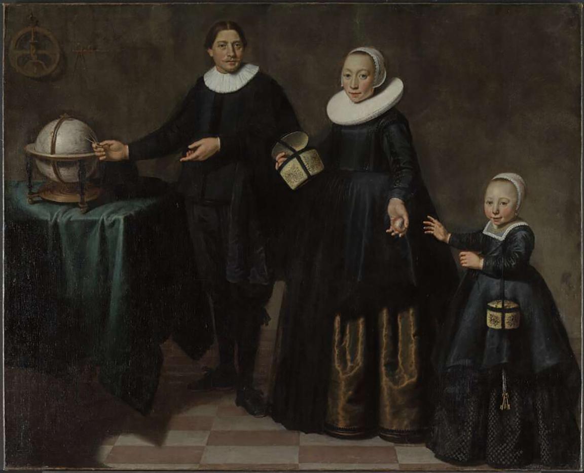 Painting of a man, woman and young child.  The man is motioning towards a globe and the woman is passing an apple to the child.