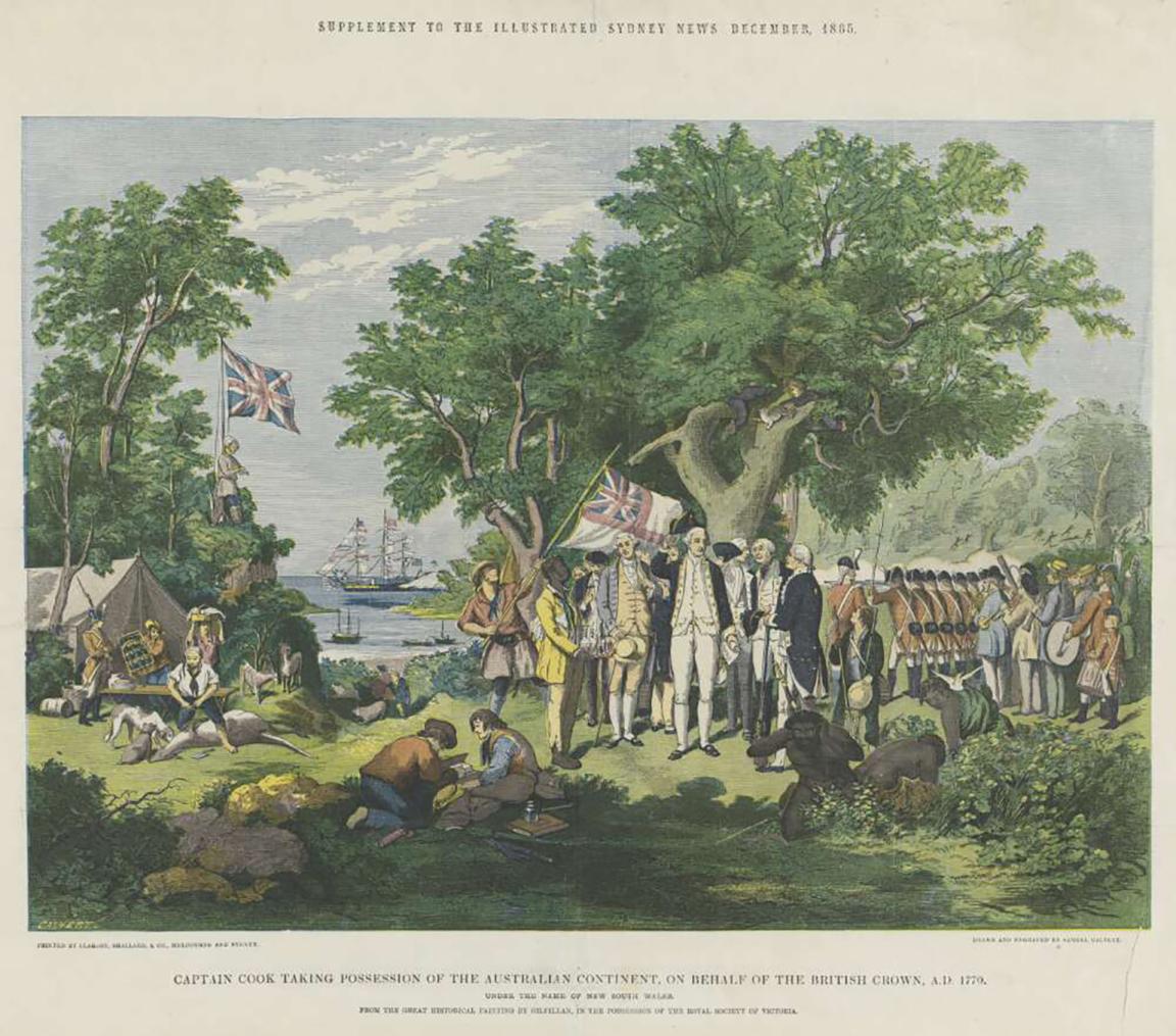 This illustration from 1865 showing Captain James Cook's arrival in Australia. Cook is depicted with his crew raising the British flag as they take possession of the land on behalf of the British Crown in 1770. Indigenous people are shown in the background observing the scene. Ships are anchored in the bay, while a variety of people, including soldiers and sailors, are engaged in various activities.