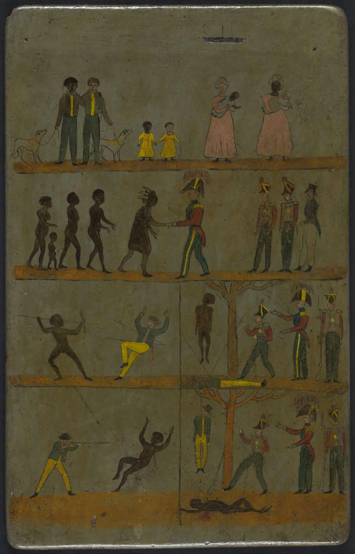 A series of six images depicting early interactions between Aboriginal peoples and European explorers