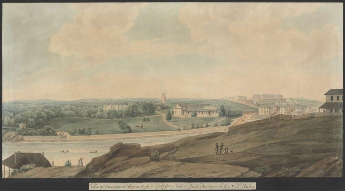 View of Government domain & part of Sydney taken from Bunkers Hill, buildings in the background, water and a windmill