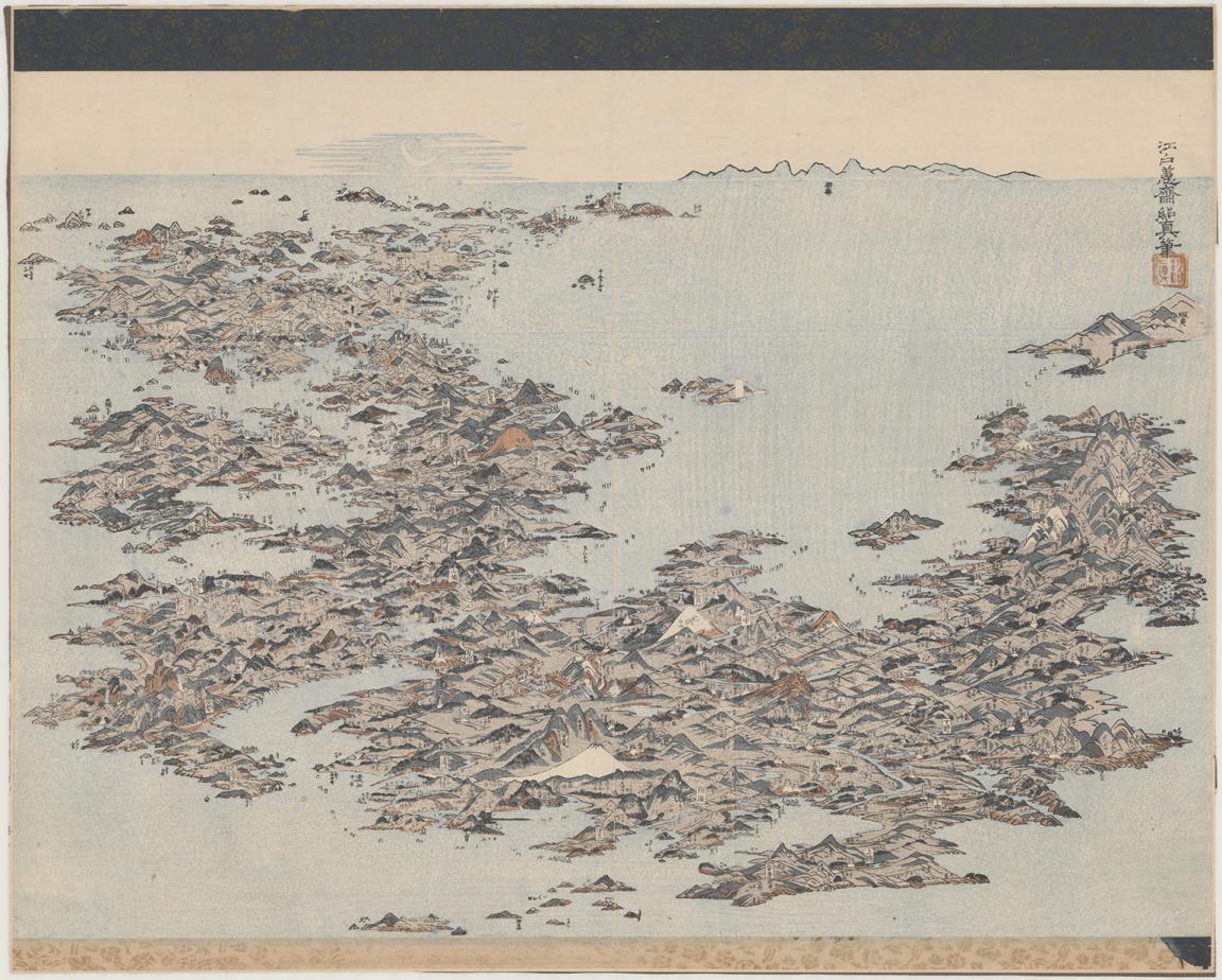 A stylised map showing an aerial view of mountainous and coastal regions, with clusters of towns and landmarks scattered across the landscape. The map features intricate details, with mountains, rivers, and buildings depicted in muted colours.