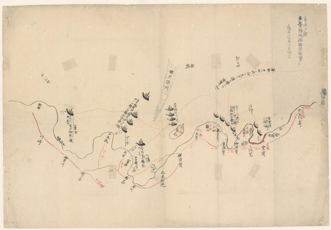A pen drawing of a map with japanese writing and several ships.
