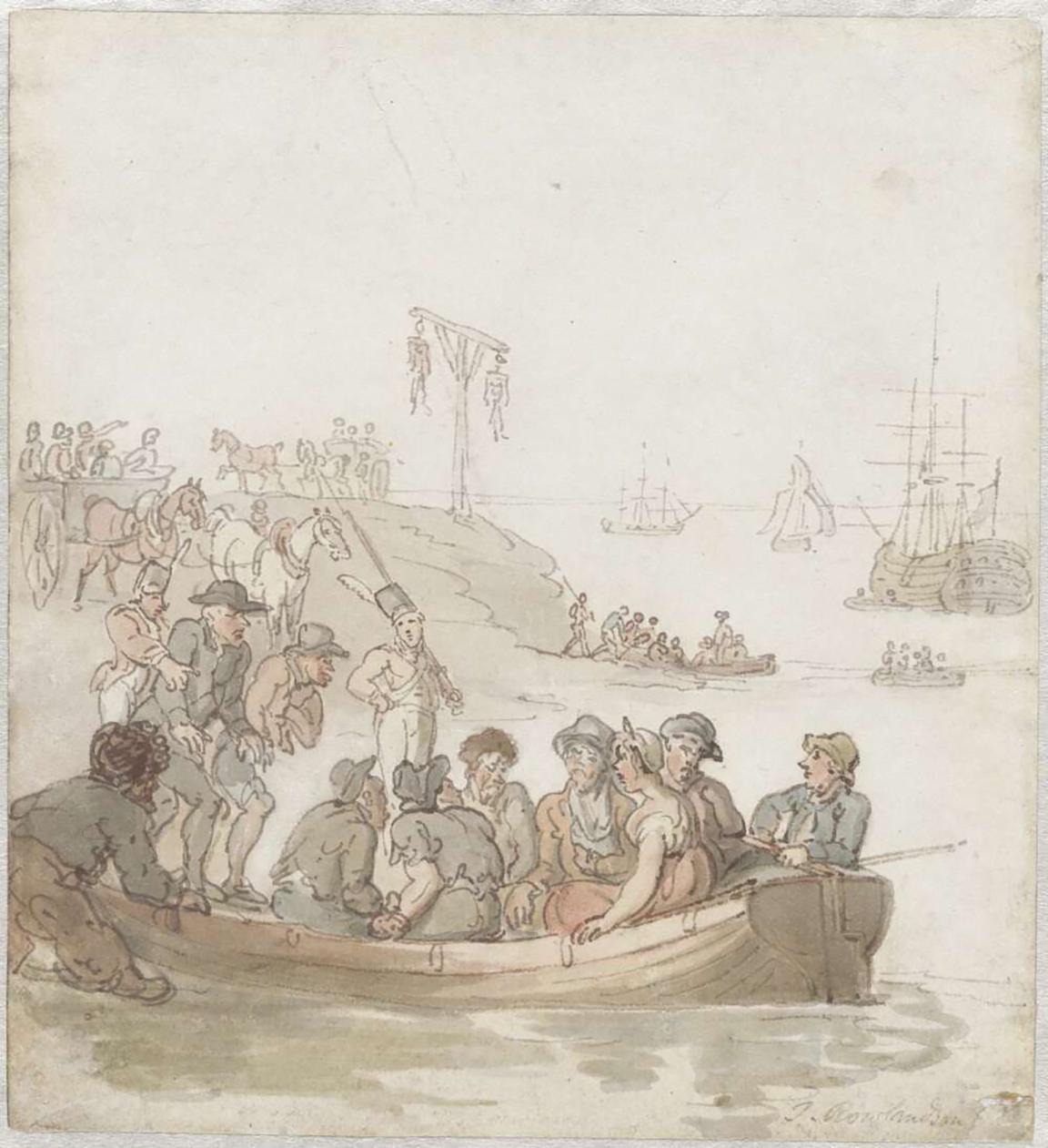 Pen drawing of convicts embarking for Botany Bay