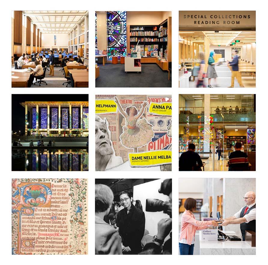 A collage of 9 photos of the National Library of Australia and its collections