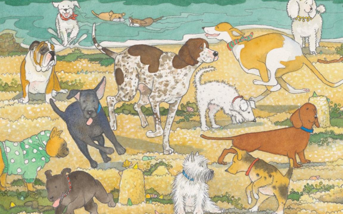 Cover detail from the front cover of the book 'Dog Beach' showing dogs playing on a beach