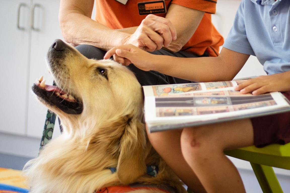 An adult and child reading a book with a dog sitting between them.