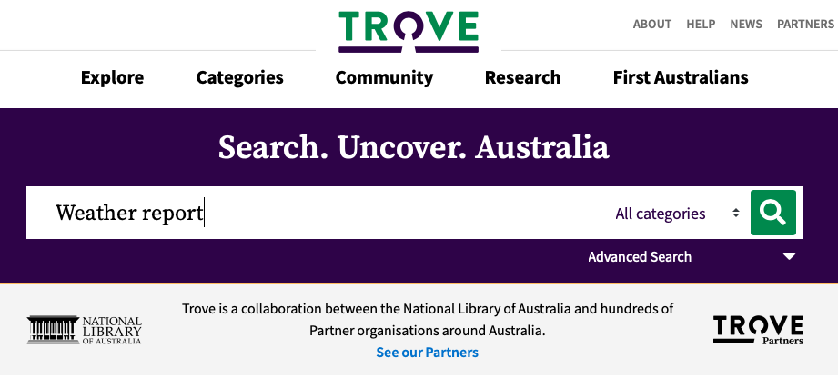 screenshot showing the Trove search bar with 'weather report' typed into it