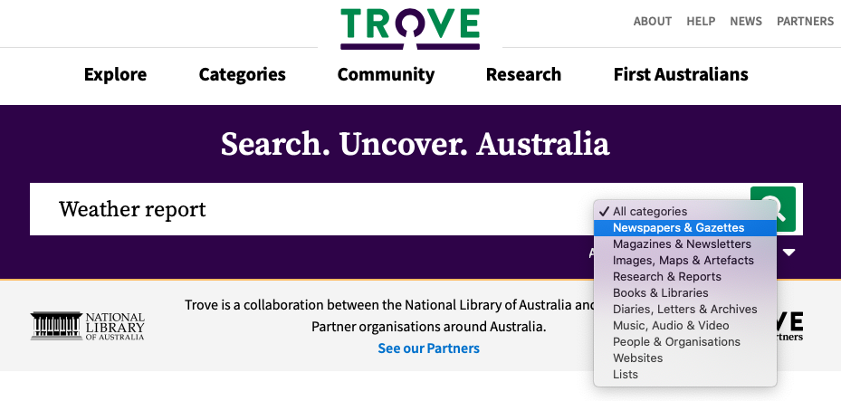 screenshot of the Trove search bar showing categories in a dropdown menu