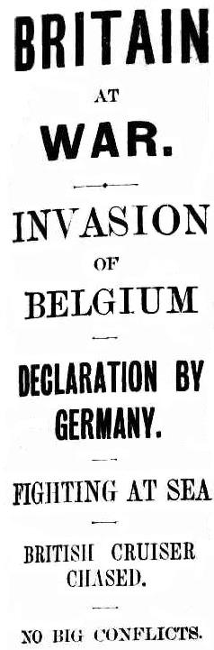 newspaper clipping saying 'Britain at War. Invasion of Belgium. Declaration by Germany.'