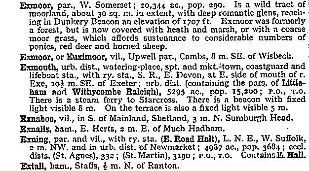Excerpt from John Bartholomew and Son, Gazetteer of the British Isles, 9th ed., 1970, showing alphabetical listing of place names with details of each.