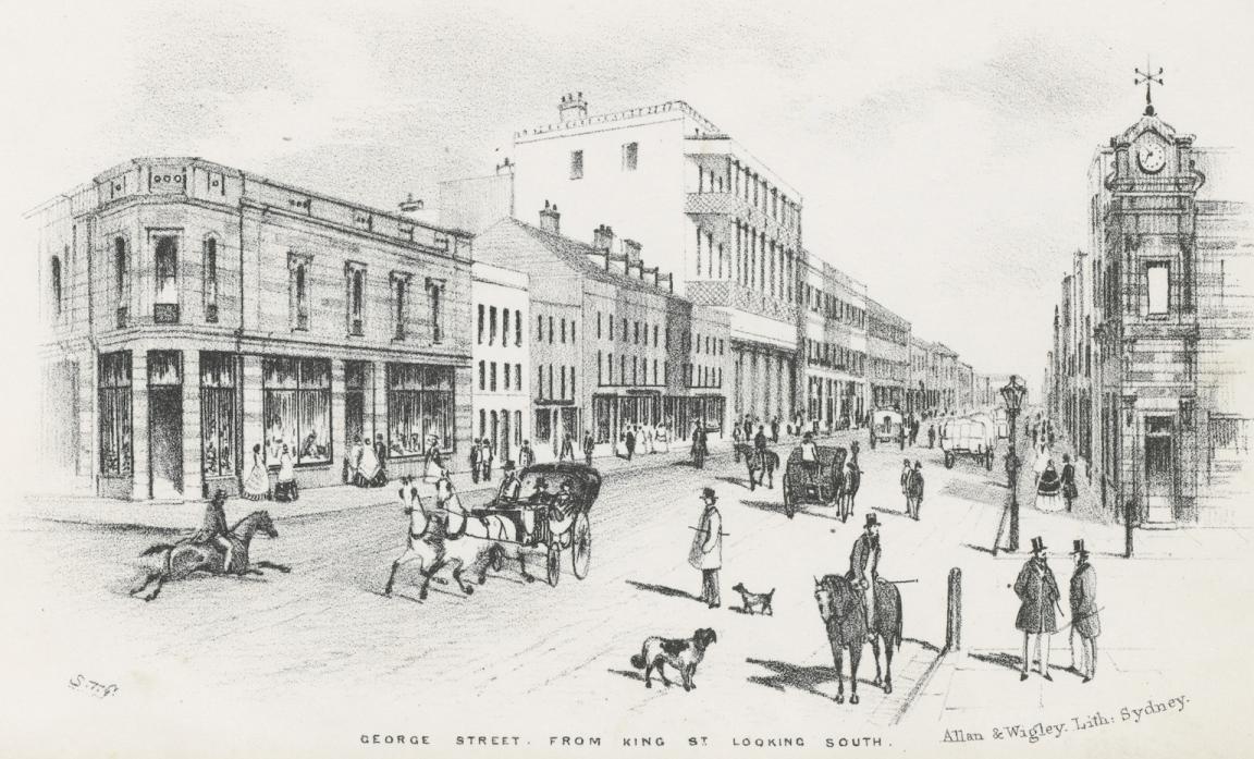 A black and white sketch of George Street from King Street in Sydney in 1856.