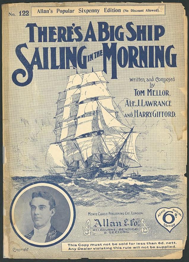 The cover of sheet music for the song "There's a Big Ship Sailing in the Morning," written and composed by Tom Mellor, Alf J. Lawrance, and Harry Gifford. The design features a detailed illustration of a large sailing ship on the ocean with smaller vessels in the background. In the lower-left corner, there is a circular inset portrait of a man labeled "Harry Prior." The cover text includes "Allan's Popular Sixpenny Edition (No Discount Allowed)" and a price of "6d" within a heart emblem.