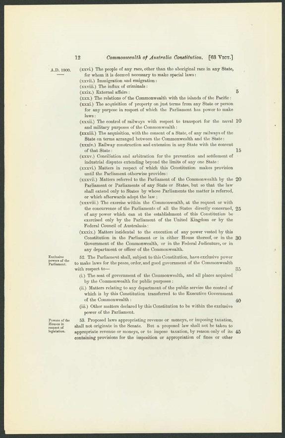 A scan of page 12 from the Commonwealth of Australia Constitution, 1900, detailing specific legislative powers of Parliament, including immigration, external affairs, property acquisition, railways, arbitration, and exclusive powers related to defense and public services. Text is printed in a structured, numbered format.