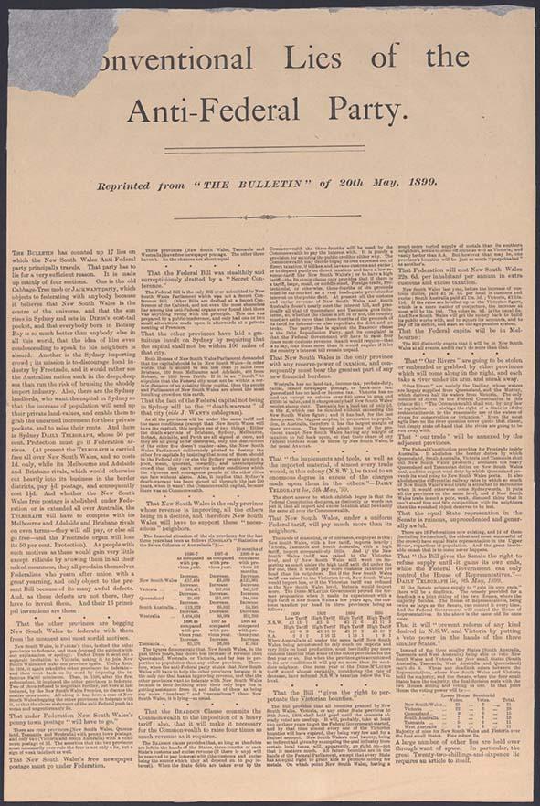 A yellowed sheet of paper with the headline '[Co]nventional Lies of the Anti-Federal Party'. The 'C' and 'O' of the word 'conventional' is missing as the corner of the page has been torn off. The very small text is set out in four columns