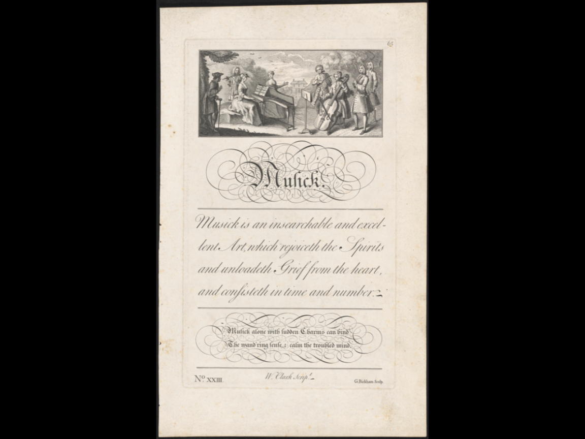 Printed engraving with an illustration of people playinf various instruments and text reading 'Musick' and 'Musick is an insearchable and excellent Art, which rejoiceth the Spirits and unloadeth Grief from the heart, and confiseth in time and number'.