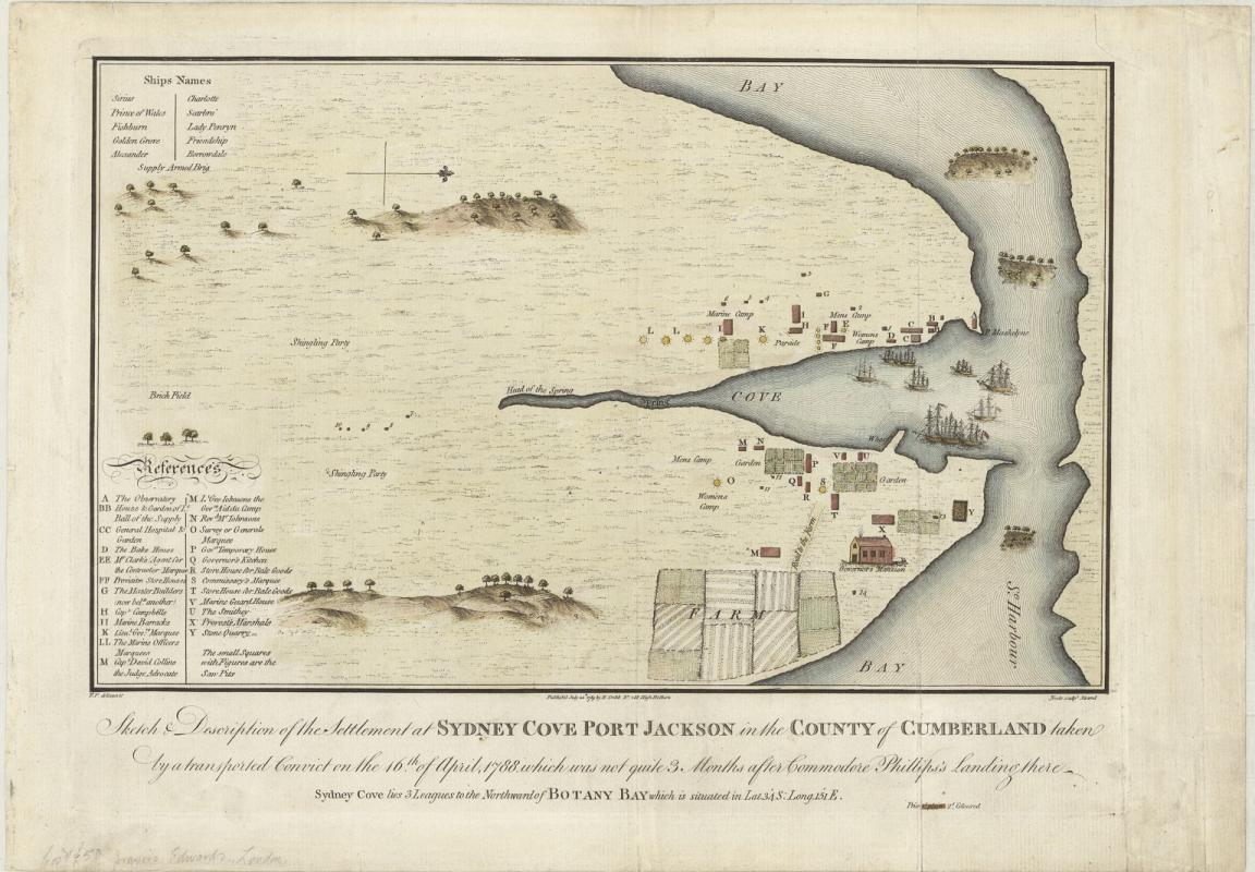 A detailed historical map of Sydney Cove, Port Jackson, depicting early settlement areas, marked camps, and referenced landmarks such as gardens and marine camps. Includes a list of ship names from the First Fleet and geographical details. 