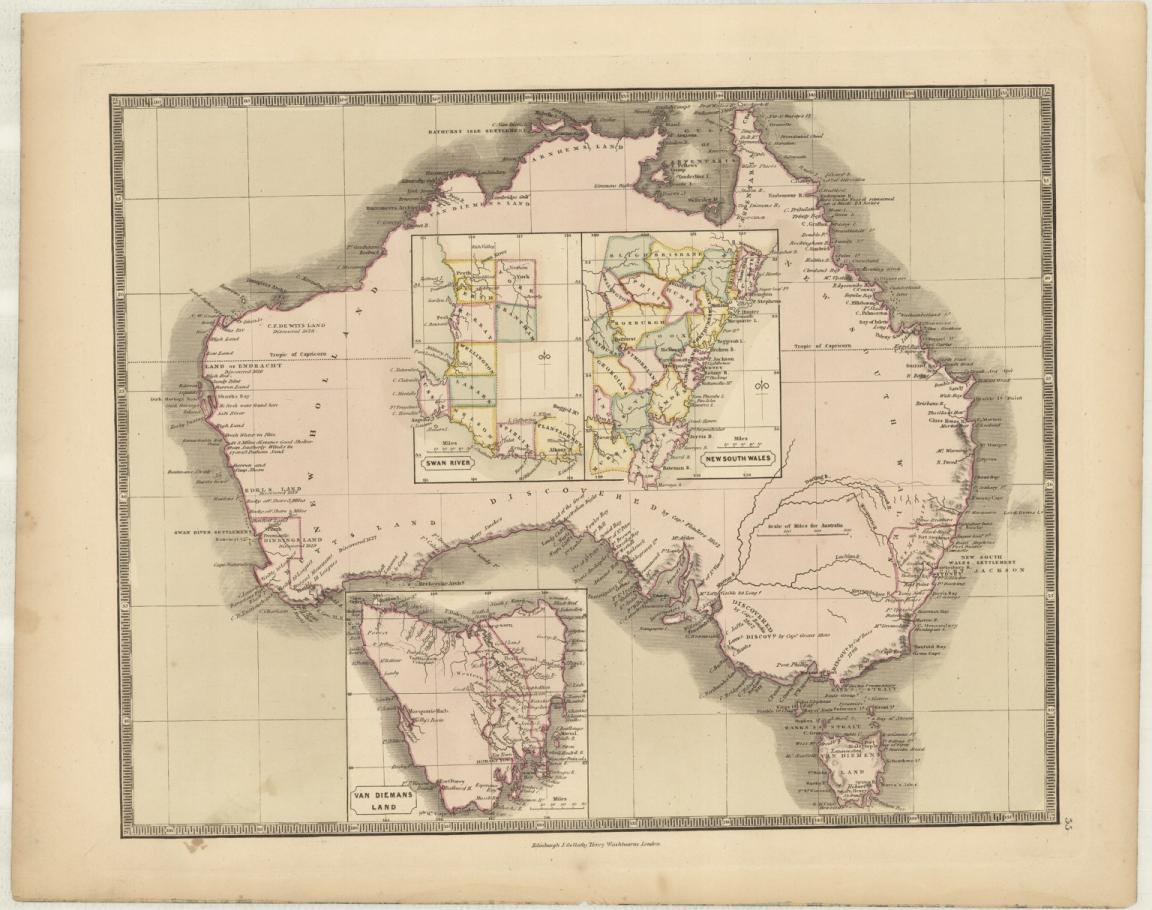 A mid-19th-century map of Australia, highlighting colonies with detailed inset maps of New South Wales, Van Diemen’s Land, and the Swan River settlement.