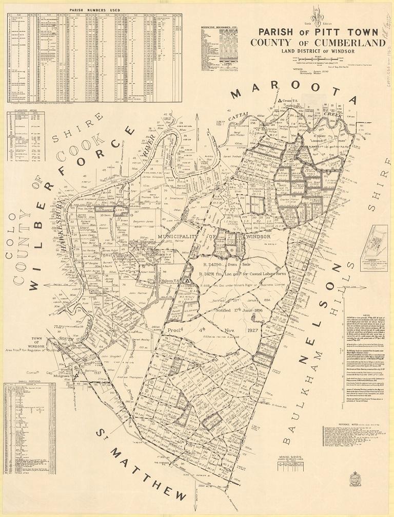 Historical map showing property boundaries, lot numbers, roads, and surrounding landmarks in Pitt Town area. Includes tables on land allotments, parish numbers, and reserved areas. Detailed cartographic layout.
