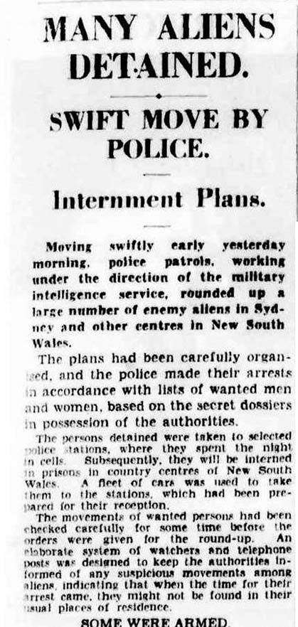 A newspaper article with the headline 'Many aliens detained'