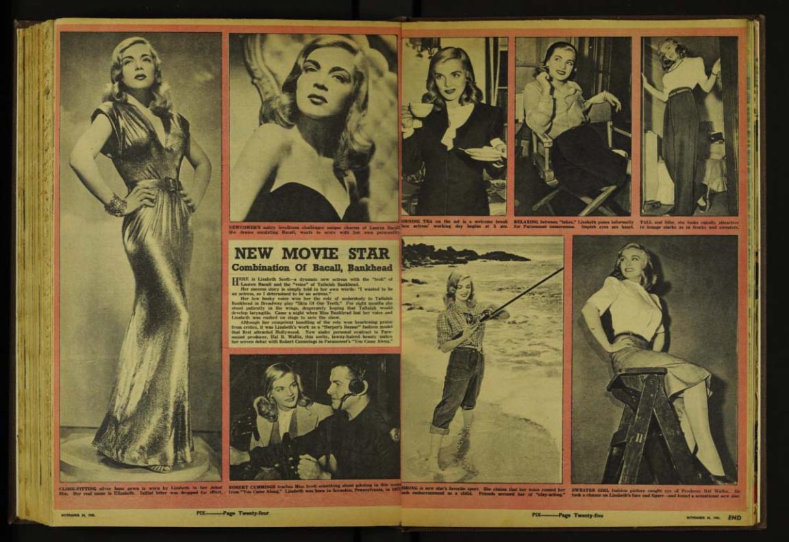 A double page spread of a magazine showing several sepia images of Lizabeth Scott - Hollywood actress