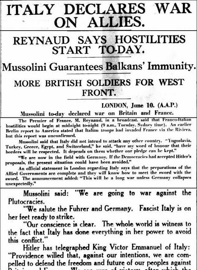 A newspaper article with the headline: Italy declares war on allies.