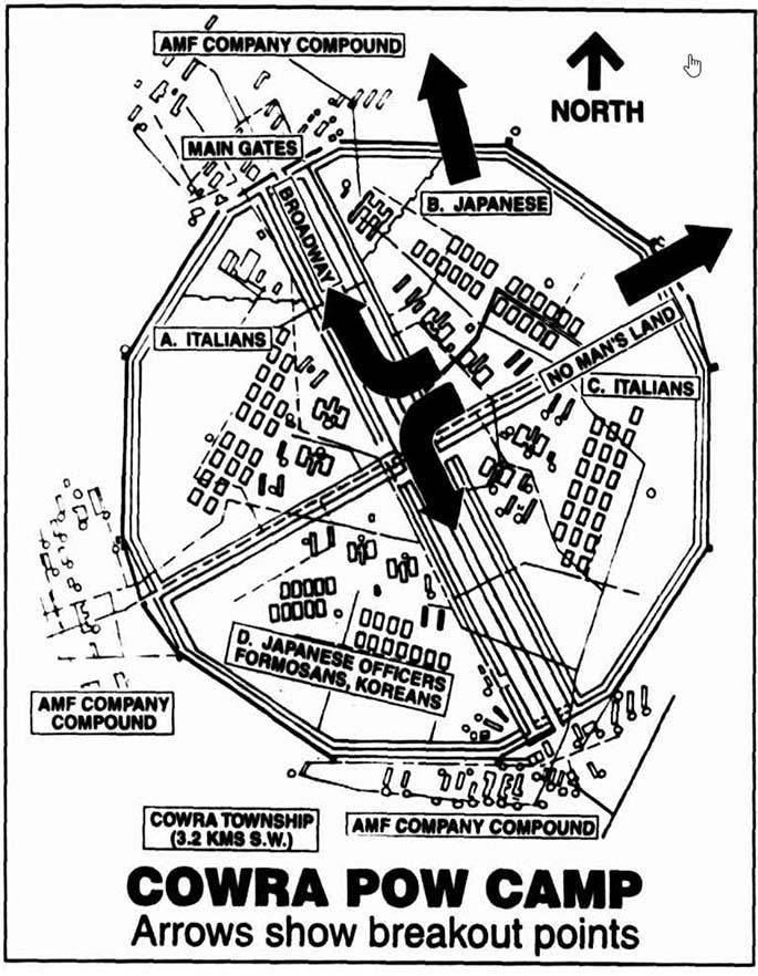 A black and white newspaper map of the Cowra POW Camp. The camp is a dodegahedral shape, it is divided into four compounds and each is labeled: A. Italian, B: Japanese, C: Italian, D: Japanese Officers, Formosans, Koreans. There are large arrows showing the direction taken by prisoners breaking out of the compound