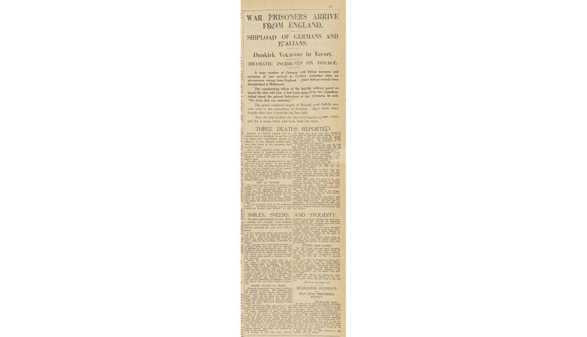 A newspaper clipping from the Sydney Morning Herald. The headline reads : 'War prisoners arrive from England'