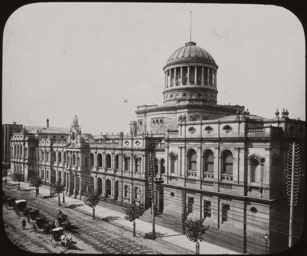black and white photo of the law courts building in Melbourne, ca 1892