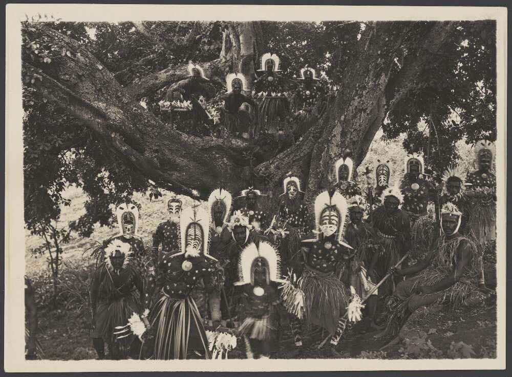 black and white photo of Murray Island dancers