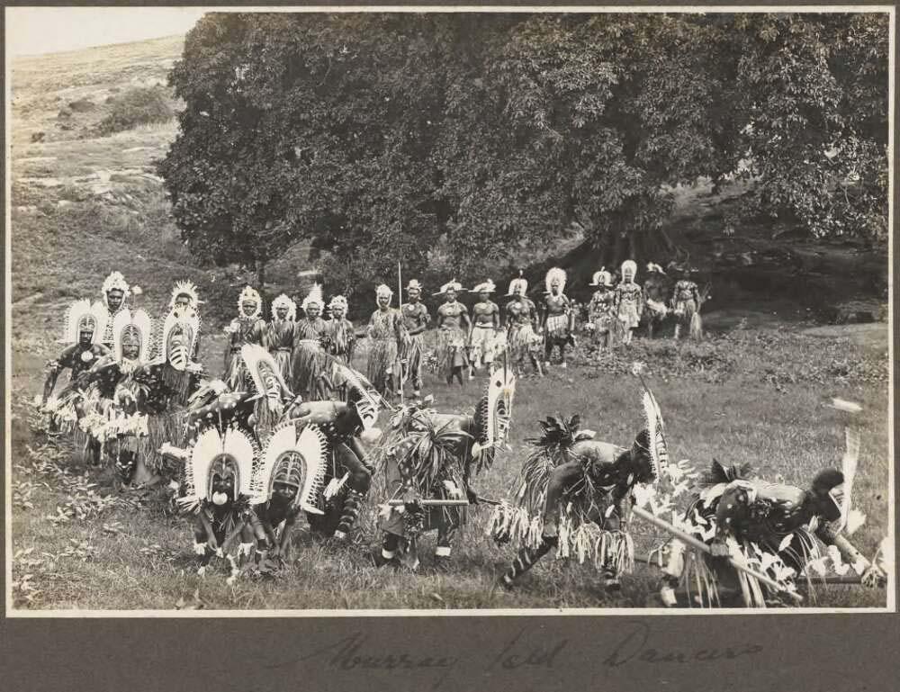black and white photo of Murray Island dancers