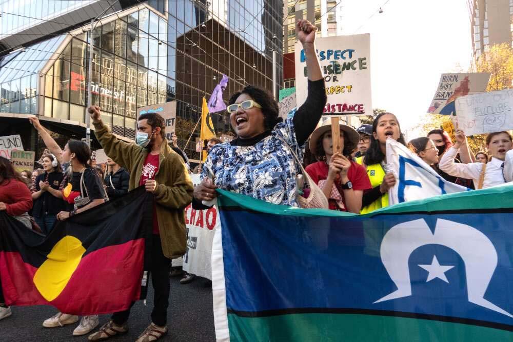 photo of protesters with flags, banners and placards marching down a city street