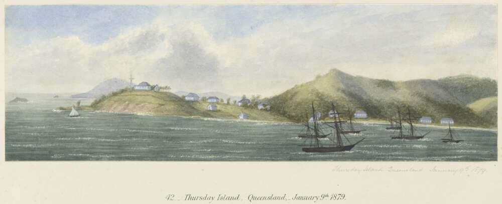 colour painting of an island with houses in the background and boats on water in the foreground