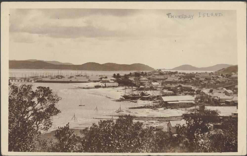 Sepia aerial photo of Thursday Island town and pearling fleet in the harbour