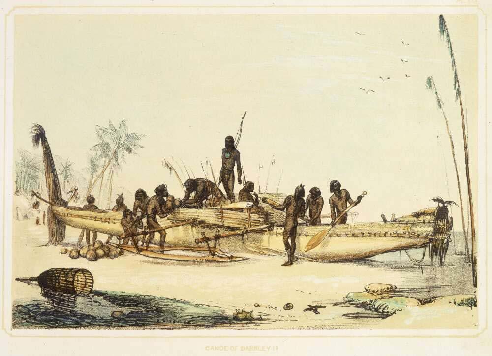painting of a canoe near an island