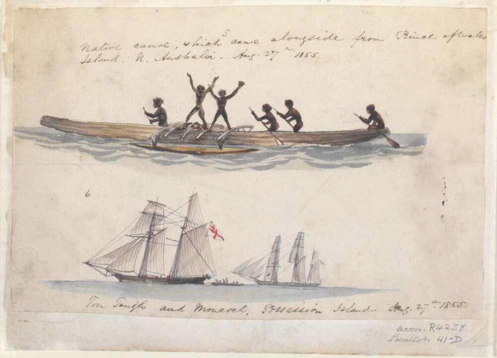 drawing of a canoe alongside a ship