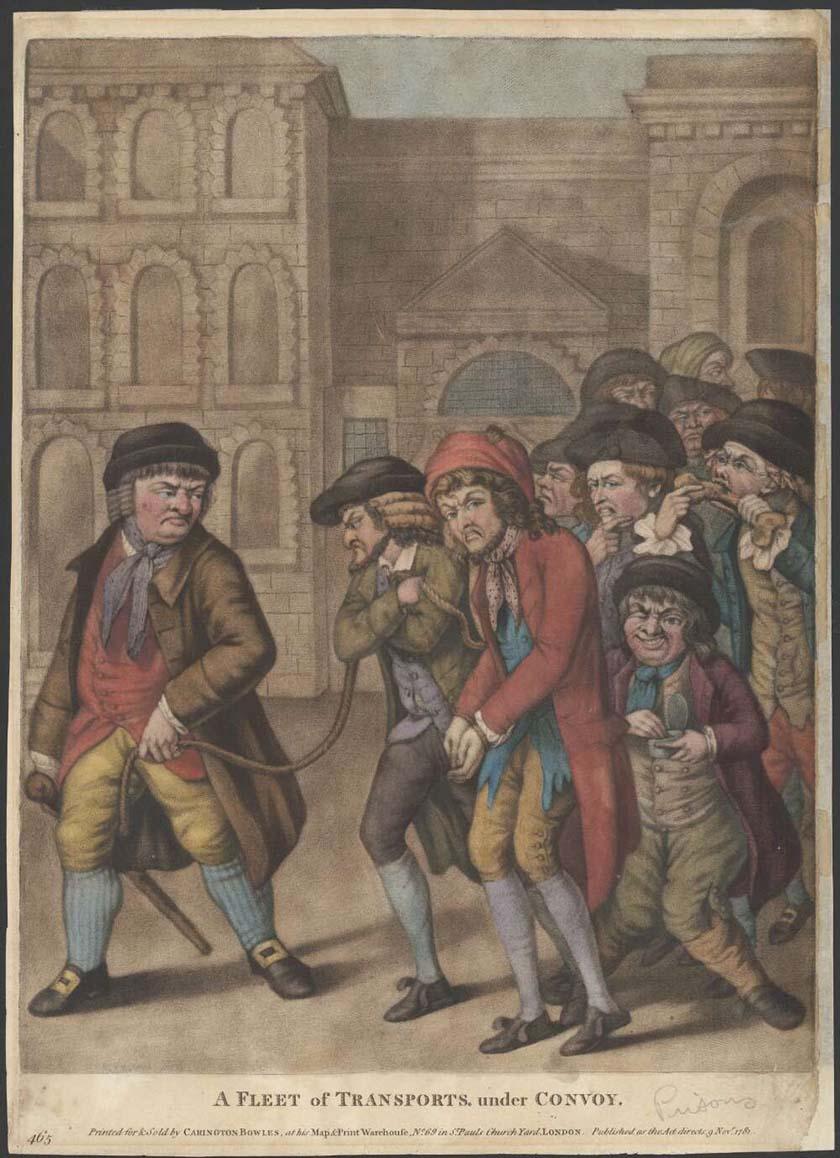 painting of a man leading two other men tied with rope with jeering onlookers